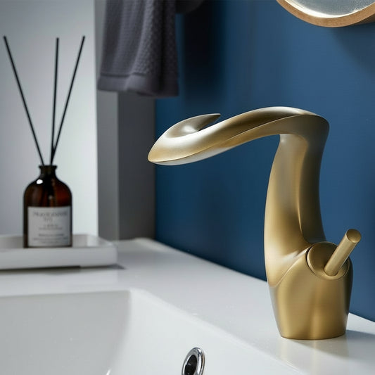 Brushed Gold Waterfall Bathroom Faucet, Single Handle Brass Mixer