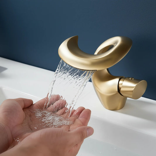 Brushed Gold Waterfall Bathroom Faucet, Single Handle Brass Mixer
